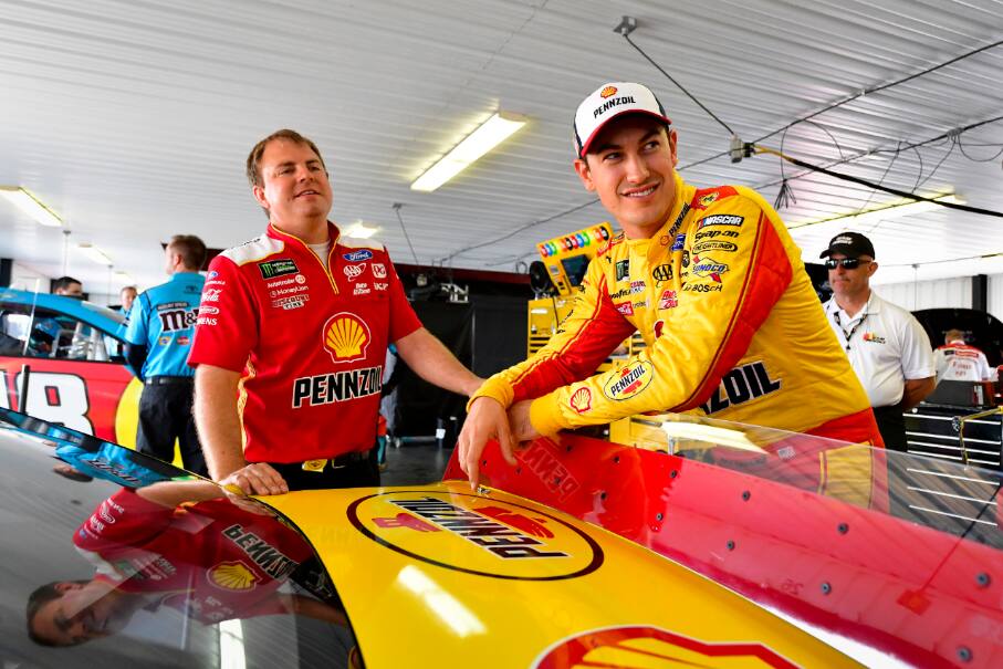 His Penske teammate Joey Logano (front, right) finished seventh. His Penske teammate Joey Logano (front, right) finished seventh.